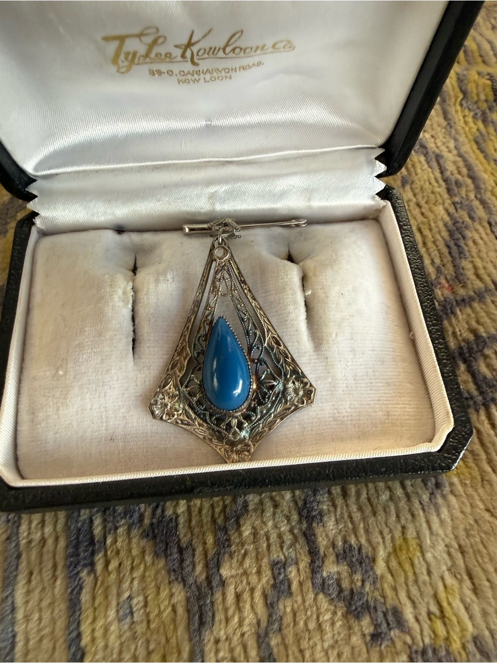 Circa 1900’s Silver Tone Blue Stone Filigree Pendant